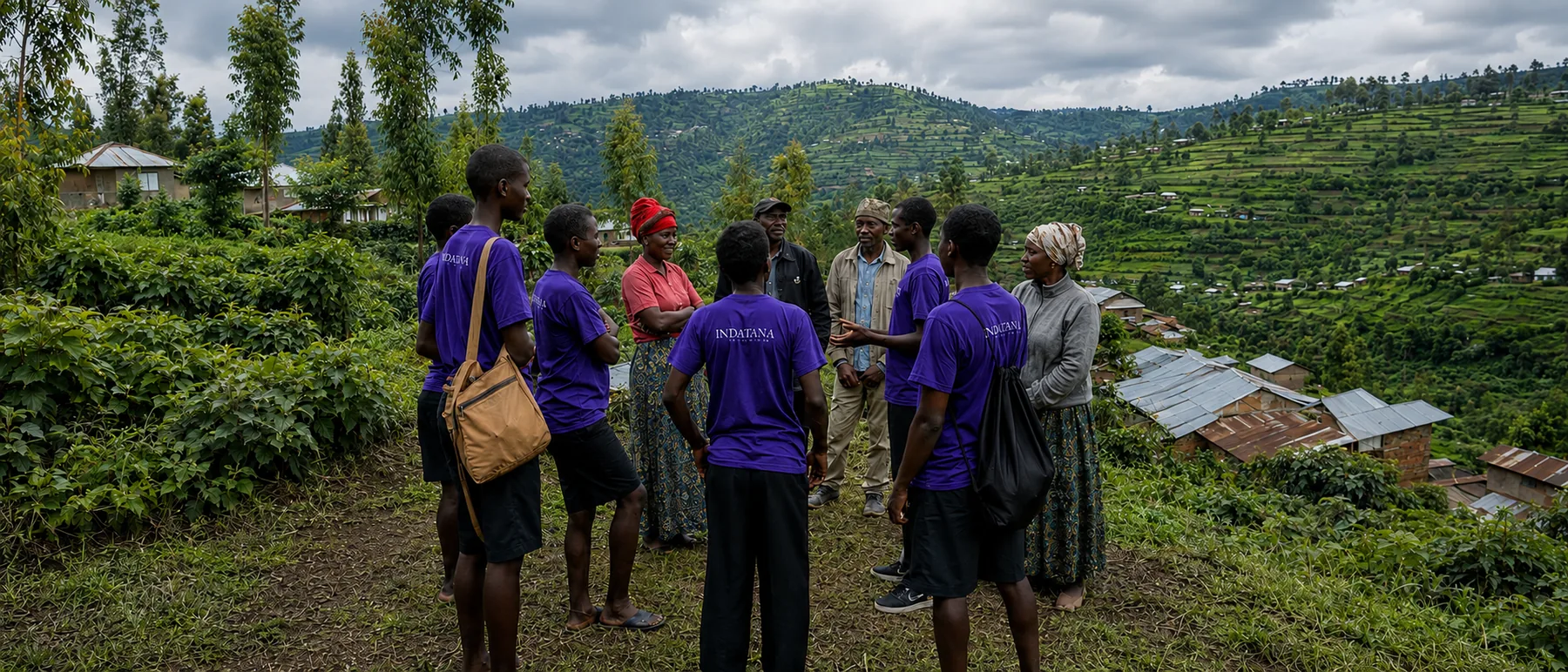 Indatana youth and community members in the green hills of Musanze, Rwanda.