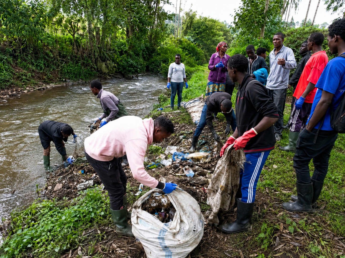 Community members taking part in a river cleanup.